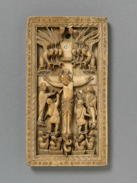 Crucifixion from the V&A Museum.  The serpent is among the resurrecting dead on the axis of the cross.  Rheims, France (probably, made) Date:ca. 860-870 