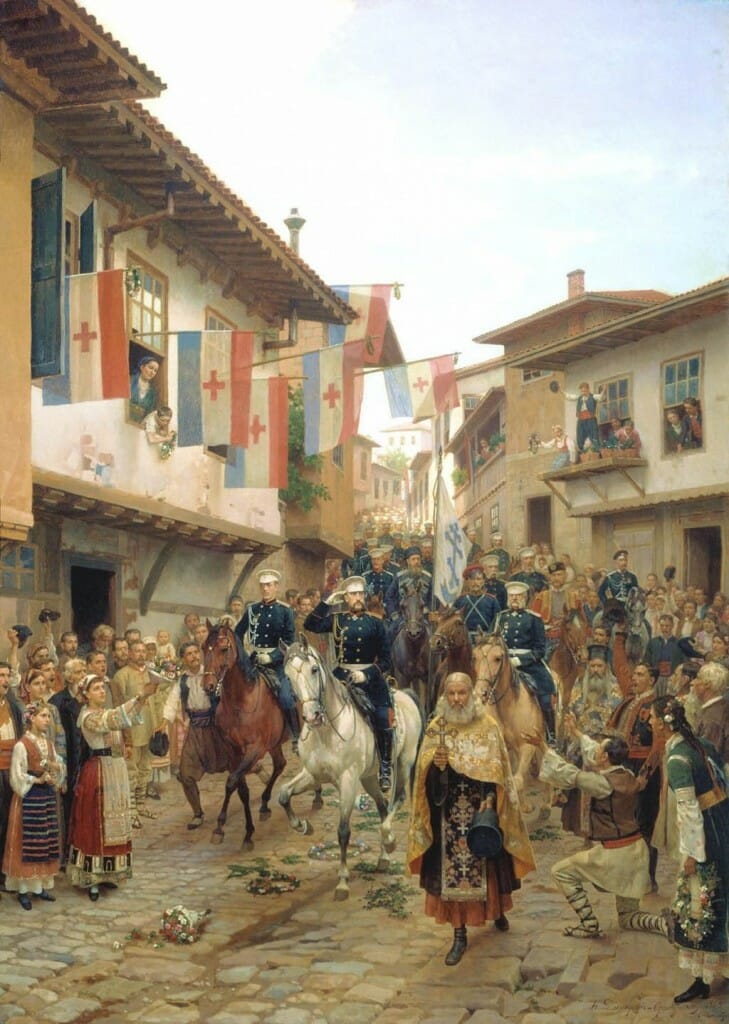 Grand Prince Nikolai Nikolaevich Enters Trnovo in 1877 (Painting by Nikolai Dmitriev-Orenburgsky, 1885) Note the mismatched colors in the priests' vestments. Each priest wears his most beautiful vestments regardless of color.