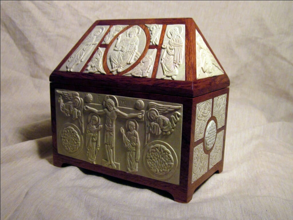Steatite and wood reliquary.  7" x 7" x 4". Design and icons by Jonathan Pageau. Frame by Andrew Gould.  