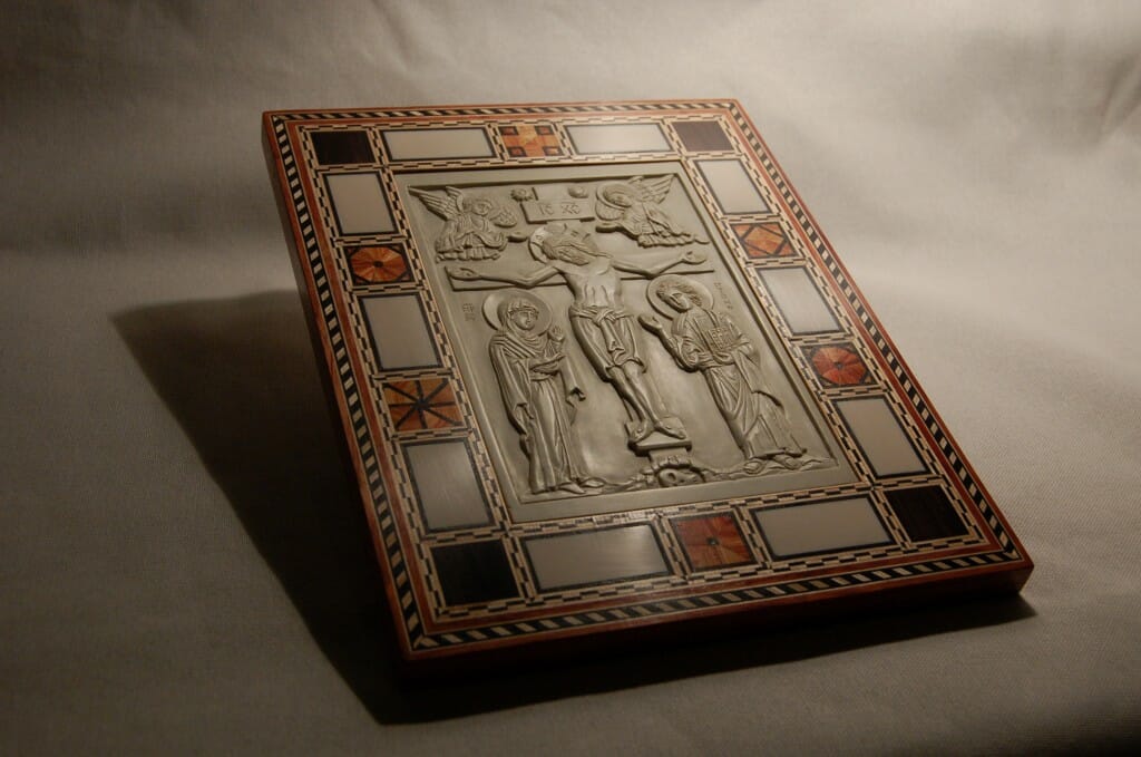 Steatite gospel cover with a ivory and marquetry border. Design and frame by Andrew Gould.  Icon by Jonathan Pageau