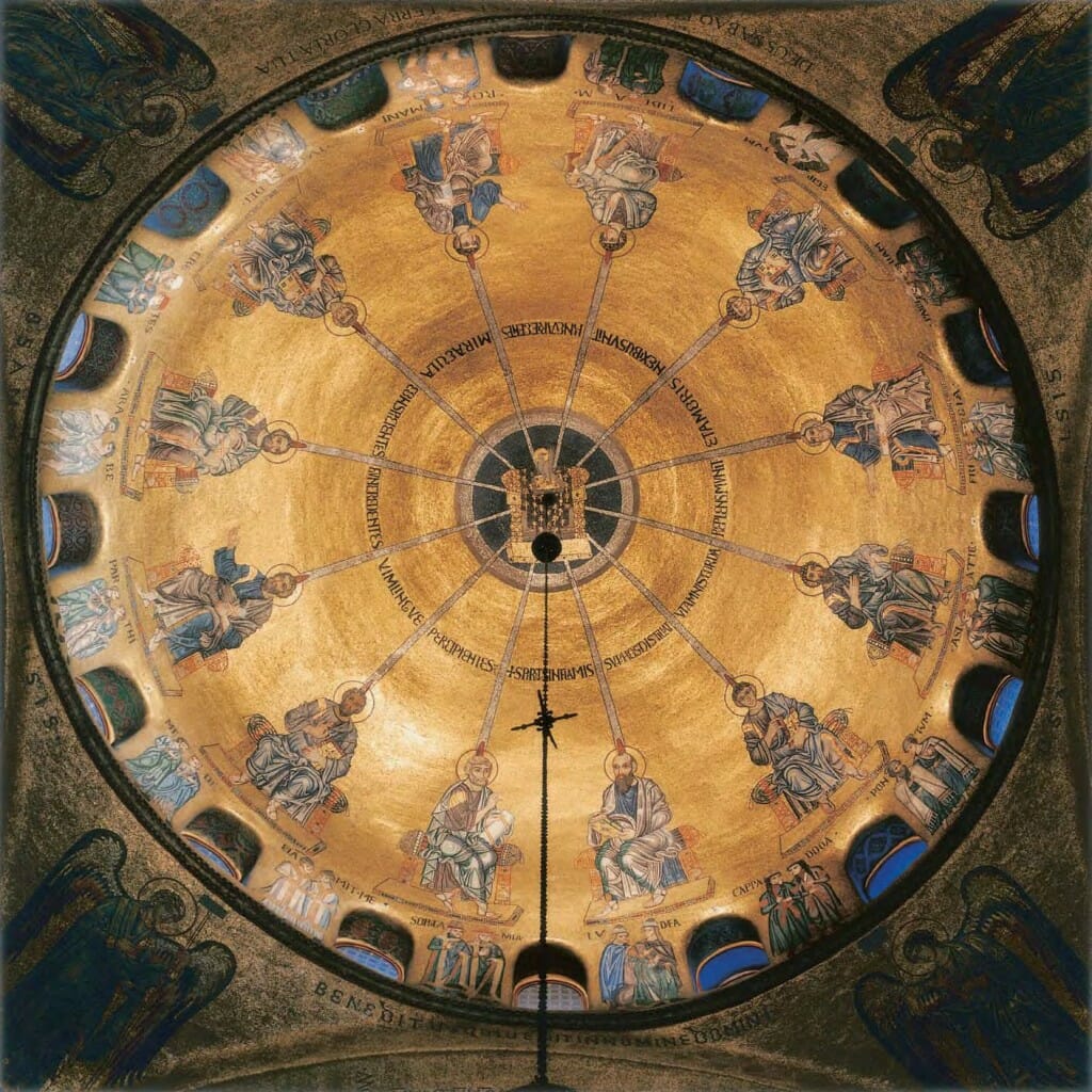 The descent of the Holy Spirit upon the Apostles at Pentecost. Interior of a dome at the 9th-century Basilica of St. Mark, Venice.  12th century mosaic of gold, bronze and other precious materials