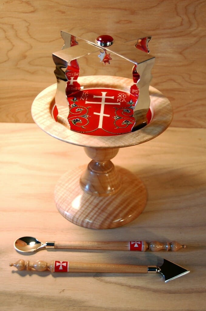 Painted wooden diskos, spear, and spoon, with sterling silver asterisk and other mounts, designed by the author.
