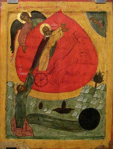 Elijah ascends as Elisha grabs on to his garments of skin. Icon from Novgorod.
