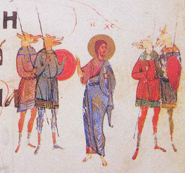 Christ surrounded by Cynocephalic warriors. Kievian Psalter. 15th century