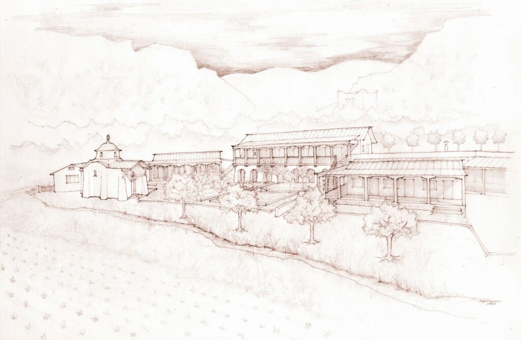 A rendering of the proposed master plan. The one-story buildings are existing (the one on the left is a 200-year-old adobe farmhouse). The chapel, two-story buildings, and gardens, are proposed.