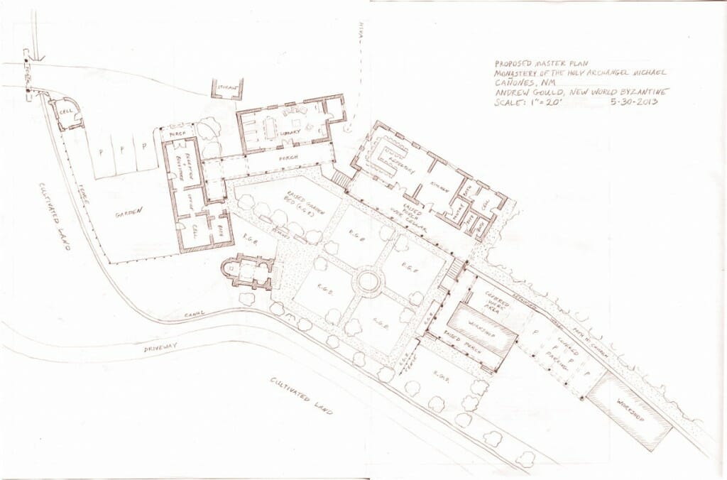 A site plan showing the proposed layout. The buildings must occupy a narrow curving strip of flat land. On the south side the land slopes up steeply. On the north side is an irrigation ditch that will be used to cultivate the terraces below.