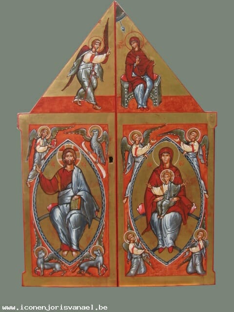 The outside of the tabernacle doors: The Annunciation - Top, Christ Pantokrator and Evangelists - left. Mary the Seat of Wisdom - right. 