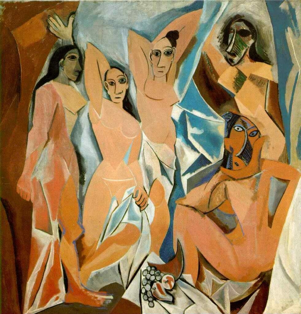 Picasso. Demoiselles D'Avignon, Prostitutes bearing African masks as expressions of unbound sexuality.