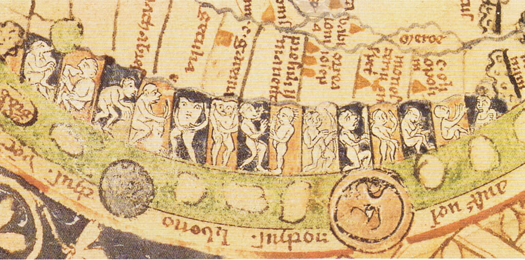 Monstrous races appearing on the edge of a Medieval map.