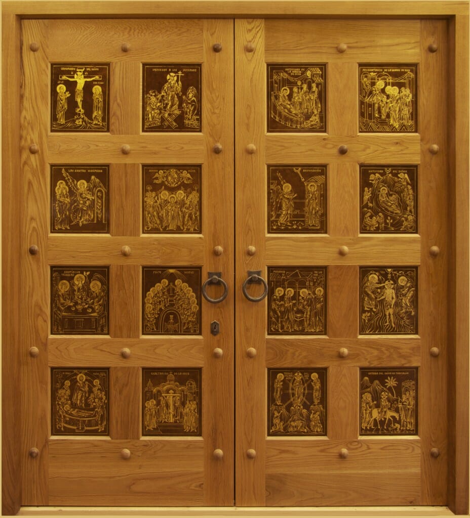 The new doors, oak with gilded copper icons, made by Aidan Hart