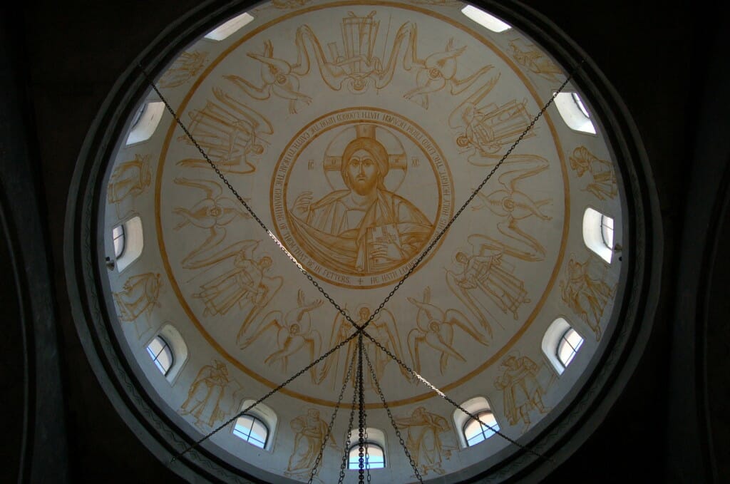 The sepia preparatory drawing was done several years ago when the dome was first plastered.