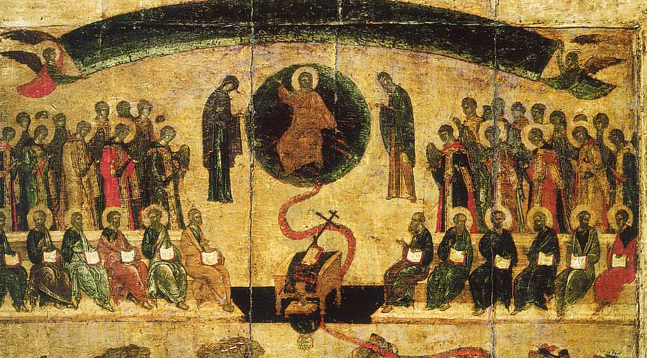 Detail of 14th century icon from Moscow where deisis is split into different levels. 