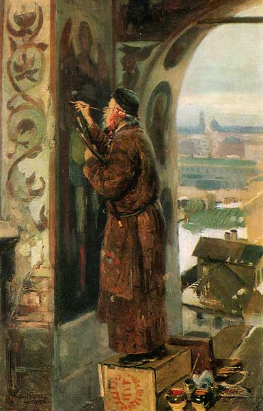 A fascinating painting of an iconographer at work, by Valdimir Makovsky, 1891.