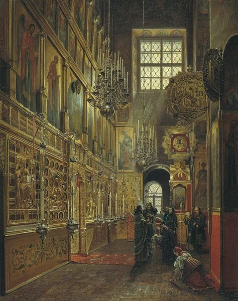 Church of St. Alexis in the Chudov Monastery, Moscow. Painted by Stepan Shukhvostov in 1866. This is a good example of an earlier style of painting, crisp and neoclassical. It does not capture atmospherics as well as Sargent, but it nicely emphasizes the intricacy and precision of the iconostasis woodwork.