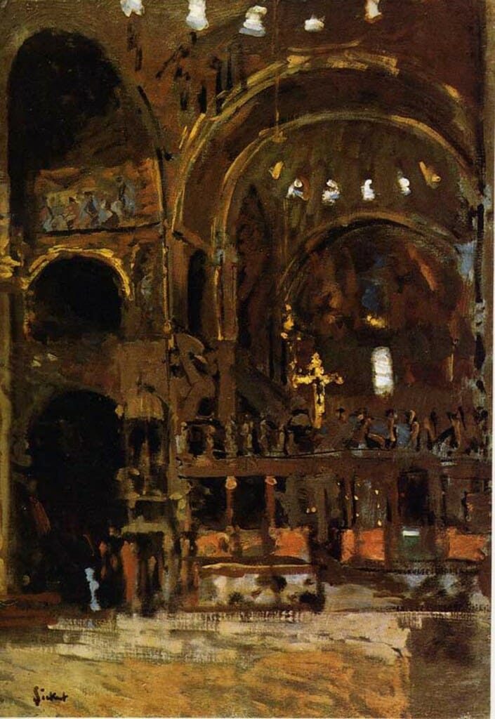 Interior of San Marco, Venice, by Walter Sickert, c.1900. The British impressionist, painting in dim light, has captured the very essence of visual mystery - a darkness and uncertainty alive with richness just barely perceptible.