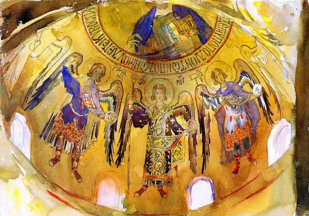 Dome mosaics in the Palatine Chapel, Sicily, by John Singer Sargent, 1897. A spectacular rendition of the richness of gold mosaic rendered in watercolor.