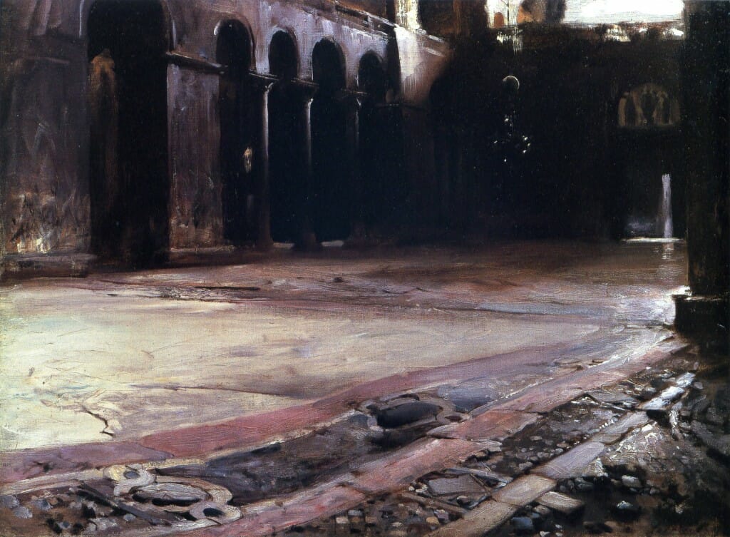 Pavement in San Marco, Venice, by John Singer Sargent, c.1880-1882. The mosaic pavement of San Marco is one of the great sights of the world - as immense and wavy as the ocean itself. It was the subject of famous debates among Victorian preservationists, who argued that it may have actually been built un-flat to better represent the mystical sea. Here Sargent focuses on the ancient pavement reflecting cold morning light, and truly it looks like a harbor surrounded by high Byzantine walls - or perhaps the river of the Waters of Life flowing out from the New Jerusalem.