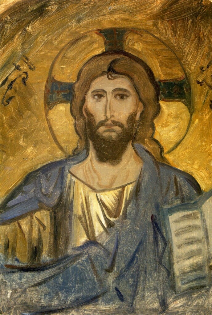 Mosaic of Christ Pantocrator in the Cathedral of Monreal, Sicily, by John Singer Sargent, 1897. This is one of Sargent's most unusual paintings. Unlike his other paintings of mosaics, here he focuses on the face, making his painting itself almost an icon. The face is immensely beautiful and sensitive, probably even more so than the original mosaic (shown below). And the intense glow from the gold highlight on Christ's robe conveys an extraordinary divine warmth glowing from within.