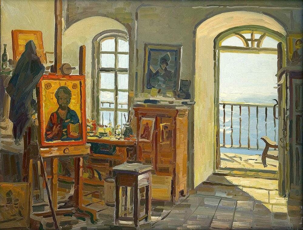 A contemporary painting of iconographer's studio on Mount Athos. By Aleksei Evstigeniev, 1997.