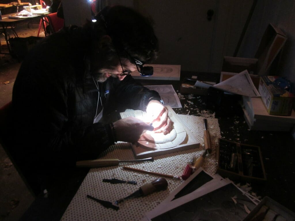 Steve Crider working hard on his icon late into the darkness. 