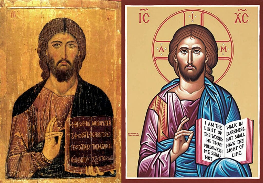A Byzantine Christ Pantocrator juxtaposed with an example in the simplistic opaque style frequently practiced nowadays. Can anyone really not see the difference here? One is a portrait that breathes the very life and soul of Christ himself, as though He were standing before us in the flesh. The other is nothing more than a hieratic symbol of Christ, as cold and lifeless as a plastic figurine. But at least the colors and inscriptions are iconologically correct - that's what really matters!