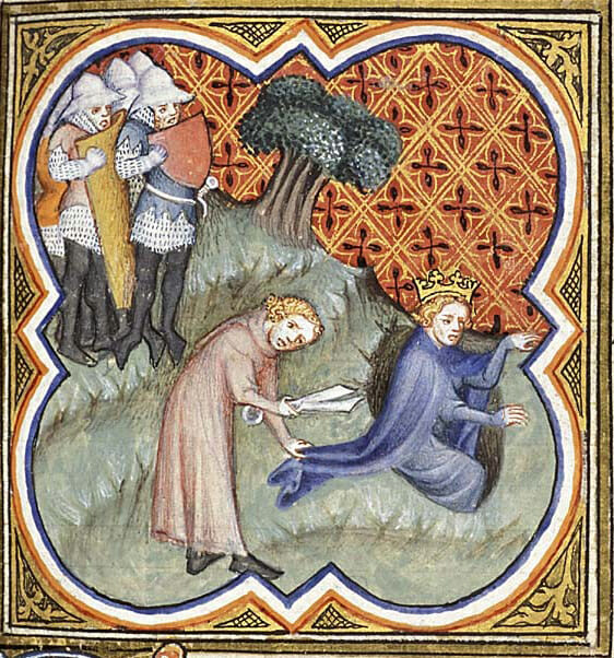 David cuts Saul's garment in the cave, from a late Medieval manuscript