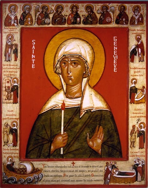 Leonid Ouspensky, St. Genevieve of Paris, 1984. Egg-tempera on gessoed wood. This is an excellent example of how what appears to be simple, folk, or naive - can I even say "primitive"?- to the standards of academic naturalism, is in fact a work of a master iconographer having an acute awareness of the relative autonomy of the icon.)