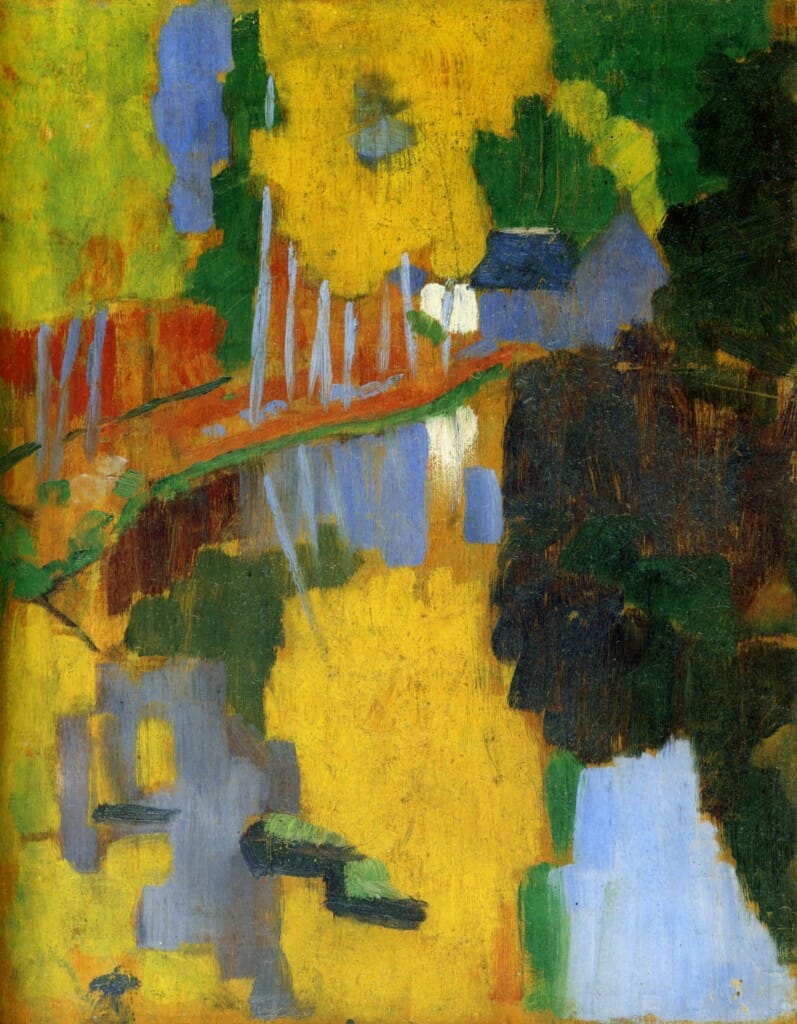 Paul Sérusier, The Talisman/Le Talisman, 1888. Oil on wood. Caption: This painting is generally considered to be a major landmark paveing the way towards pure abstraction. In this work, painted under the supervision of Paul Gauguin, we find a raw example of the implementation of Maurice Denis' pictorial theories. Serusier was a member of the symbolist group Les Nabis, along  with Denis, Pierre Bonnard and Eduard Vuillard.