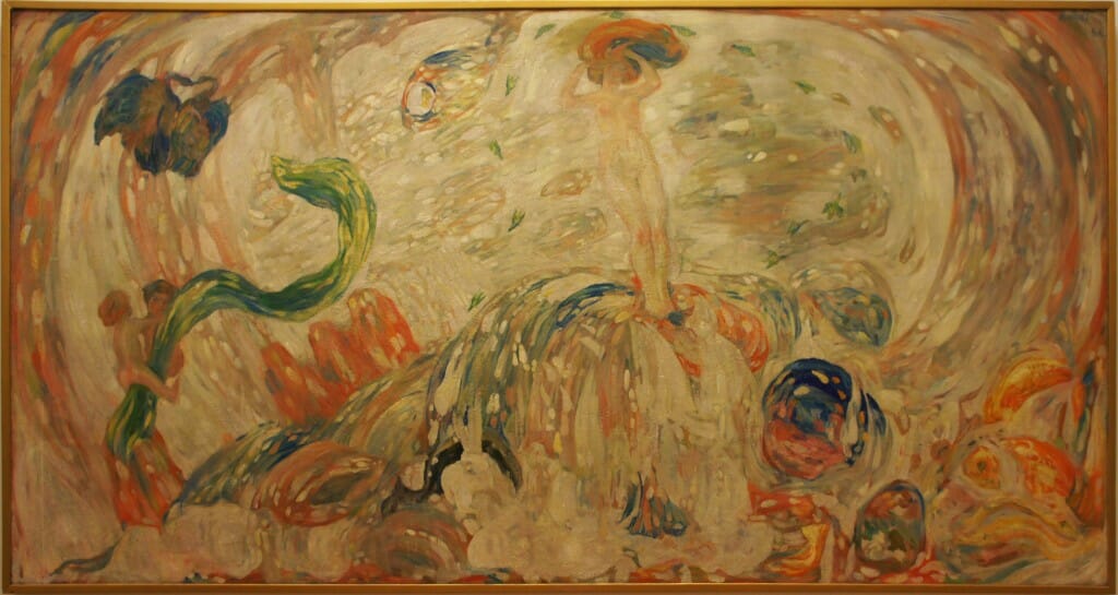 N.D. Millioti, Birth of Venus, 1912. Oil on Canvas. Caption: The symbolist N.D. Millioti was the teacher of Leonid Ouspenky, around the time of the collapse of the Academy of Arts, started by Tatiana Lovovna Sukhotine-Tolstoi. Although not purely abstract, this symbolist work has a lot of similarity with Kandinsky's Composition VII painted only the year after. 