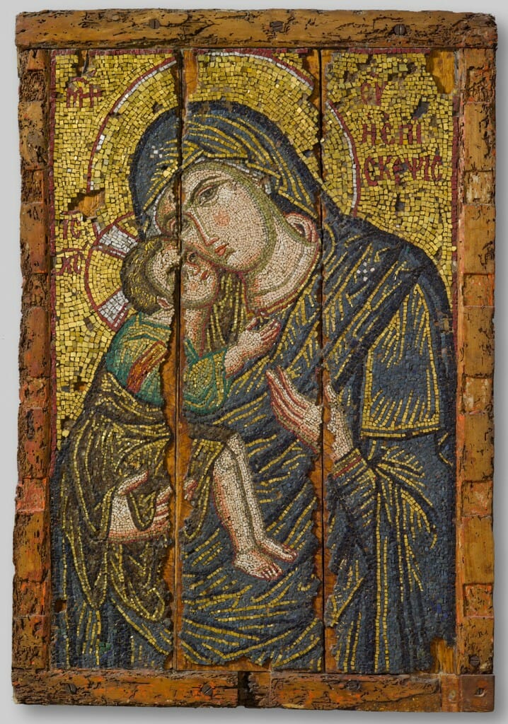 Mosaic icon of the Virgin Episkepsis, late 13th century glass, gold, and silver tesserae overall: 107 x 73.5 cm (42 1/8 x 28 15/16 in.) Byzantine and Christian Museum, Athens