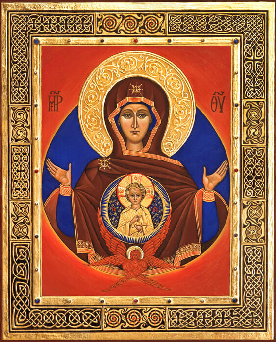 Miniature icon of the Most Holy Theotokos of the Sign, 2012-13 by Christabel Anderson, demonstrating the use of various types of manuscript gilding on vellum with 24 carat gold leaf and the use of ‘shell’ gold paint with hand made watercolors, rubies, sapphires and pearls 