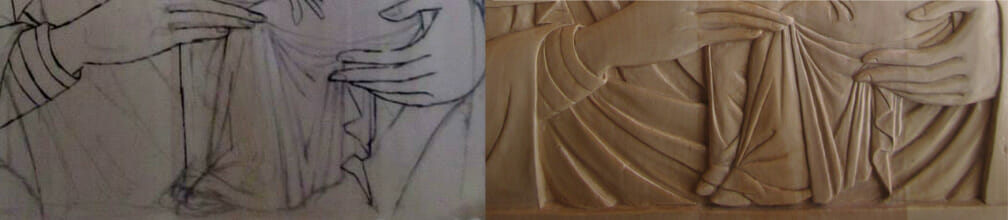 Difference between the drawing and the final carving, with the veil crossing over the arms.