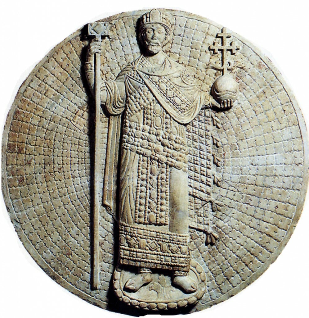 The pictorial features found in the relief from Syria are also evident here within the context of Byzantine art. The emperor is represented not as an ordinary man but rather in the majesty of his office, which iconizes within the civil sphere the cosmic ruling authority of the Pantocrator. Here the language of sacred art serves both a religious and political function in the integrated society of Byzantium. 