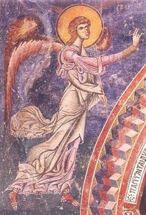 Archangel Gabriel from the scene of the Annunciation. Sr George church, Kurbinovo, 1191 AD. This fresco is a good example of the the two pictorial approaches seen above, the Greco-Roman naturalism and Romanesque abstraction. This style, in its exuberant rhythm, can be referred to as "mannerist," and this is not to be taken as a negative epithet.