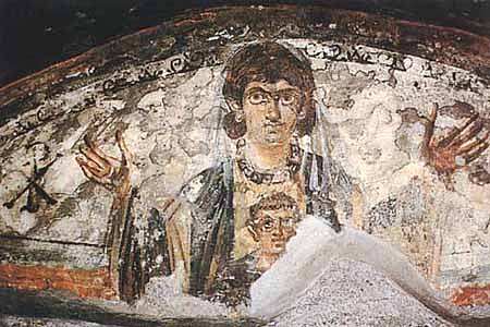 Virgin and Child, catacomb painting. Rome, 4th century. Here we see one of the earliest examples of what would become the Mother of God of the Sign or the Platytera types.