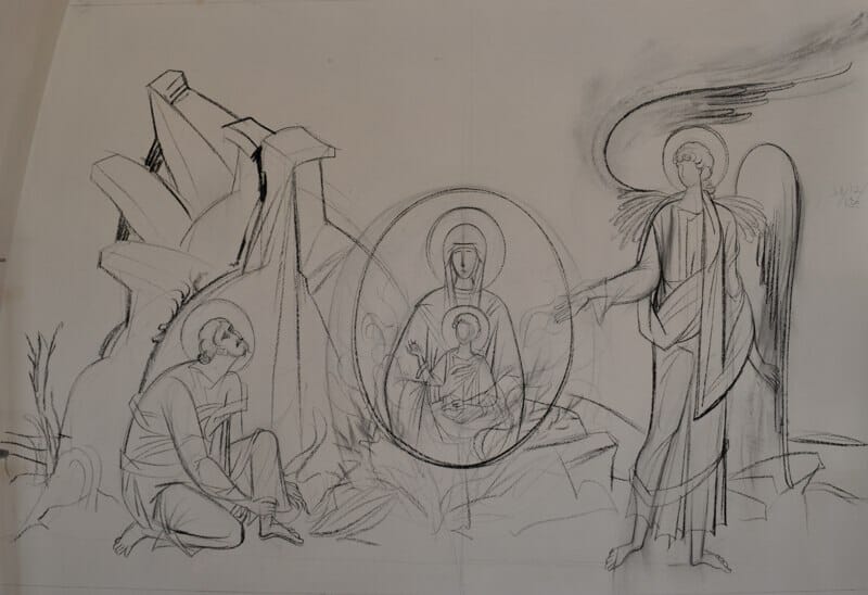 George Kordis, Moses Encountering the Burning Bush. Preparatory drawing on a wall of the Fanerwmeni Church, Greece.