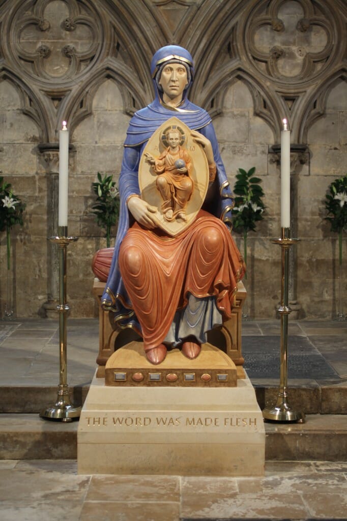 Our Lady of Lincoln, Lincoln Cathedral, England. Completed May 2014. Carved from a single block of Great Ponton limestone. Total height, about 2.3 metres (7'-6"). Polychromed with egg tempera and casein, using azurite and ochre pigments, and gilded with 23 1/2 carat gold leaf.