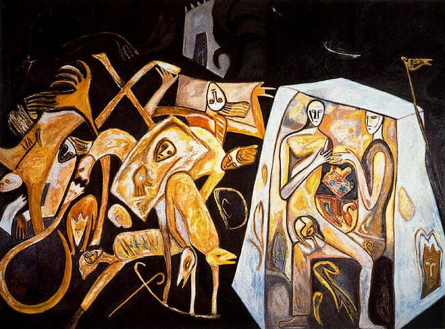  Mimmo Paladino, Ronda Notturna, 1982. Oil on canvas, 300 x 400 cm. Comment: Paladino is one of the Transavarguardia painters of the 80s, an Italian movement that also resisted Conceptualism and paralleled the Neo-Expressionism of the US and Germany. In his work he combines figuration, abstraction, personal symbolism, mythology and primitivism in an attempt to suggest mystery and revive the emotive power of painting.