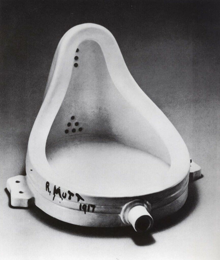  Fountain, Marcel Duchamp, 1917. This urinal, signed under the pseudonym R.Mutt, was submitted to an open exhibition but rejected, without a doubt to Duchamp's delight. It has ever since become one of the most famous, and to some infamous, of Duchamp's "Readymades." It would come to play a major role in the development of Conceptualism. In a short essay , published in The Blind Man, NY, 1917, Duchamp says , " Whether Mr. Mutt with his own hands made the fountain or not has no importance. He CHOSE it. He took an ordinary article of life, placed it so that its useful significance disappeared under a new title and point of view-created a new thought for that object." 