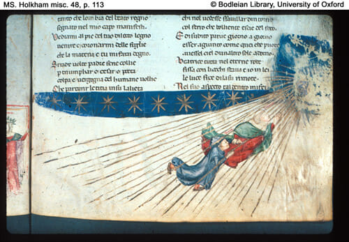 Dante and Beatrice ascend towards the sun. 14th century Italian manuscript.