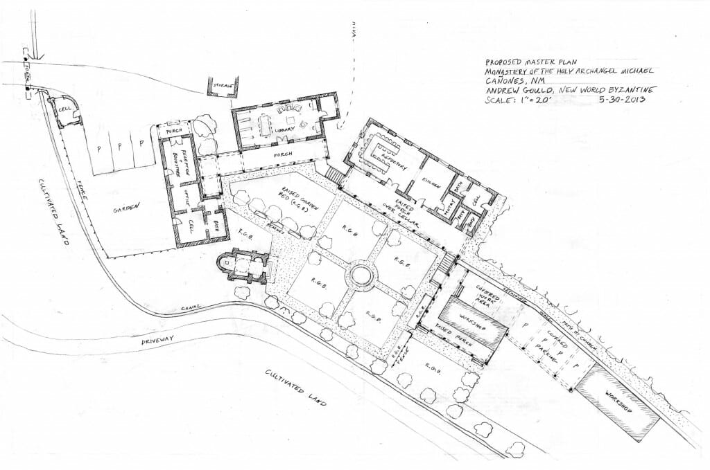 A master plan for Saint Michael Skete, New Mexico, designed by the author. The buildings frame courtyard spaces subdivided into raised garden beds following the ancient cross-in-square geometry.