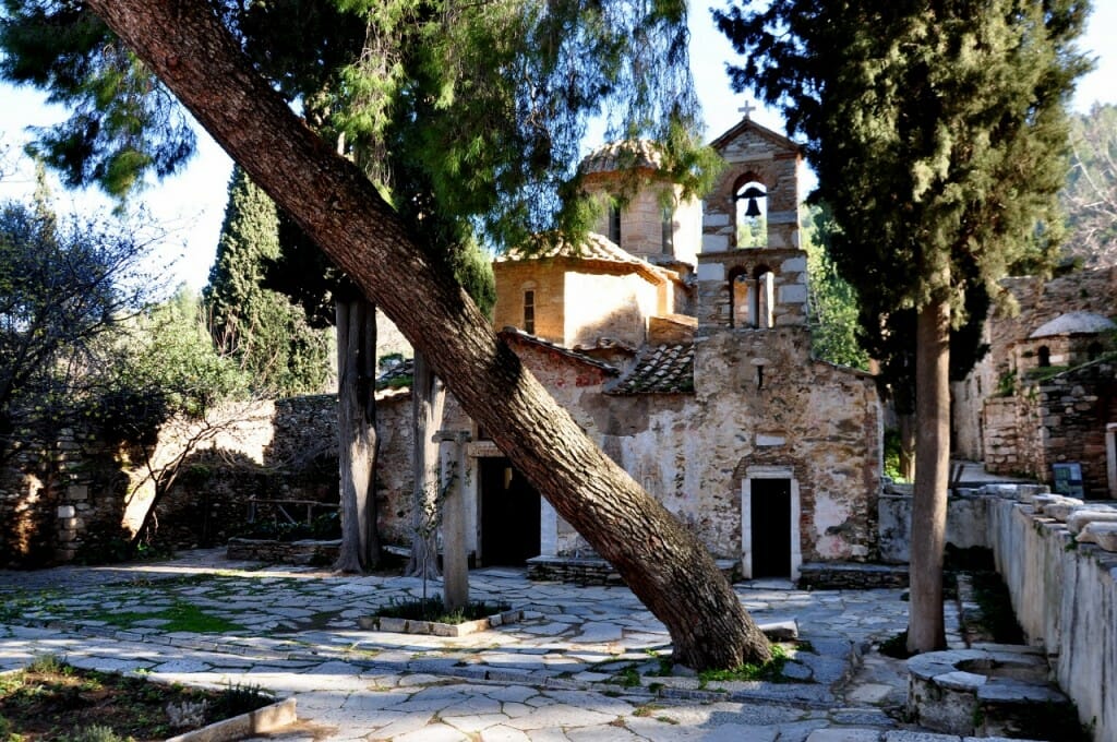 Ancient Byzantine courtyard garden at Kaisariani Monastery, Greece