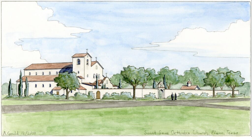 Proposed design for an Orthodox church in Plano, Texas, by the author. Because the site lies along a highway, I proposed to enclose it in a tall wall to shelter the gardens from the view and sound of traffic.