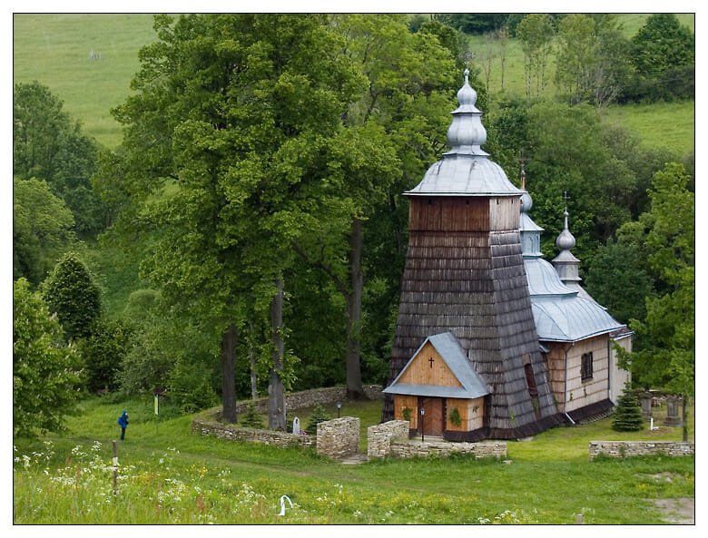 A Carpatho-Rusyn church with a tiny, but well-defined churchyard, Chyrowa, Poland