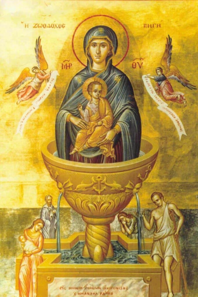 In many images of the Theotokos of the Life Giving Spring we see the Mother of God in a round shaped chalice type fountain, and at the bottom, the pool is changed into a cross shape. here both the circular and square aspects of the earth are placed together. 