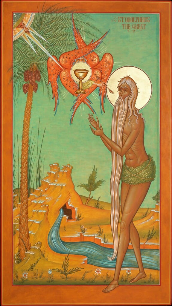 Contemporary icon by Fr. Silouan Justiniano, St. Onouphrios the Great, Egg tempera on wood, 18 1/4 x 32 1/4. This icon applies the principles discussed in the article. It depicts the saint being given the Holy Eucharist by an angel, as described in his life. The composition is new. The composition is new. Although it is not a copy of a previous prototype it does not depart from Tradition. It is grounded in a very specific detail of the saint's life and the general features that tie all of his icons together.