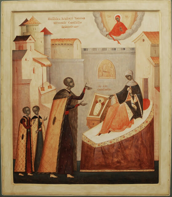 Contemporary Romanian icon by Thomas Chituc, Icon of the Nativity of the Holy Martyr Prince Constantine Brancoveanu Mixed technique (color water based emulsion), 70 x 80 cm.