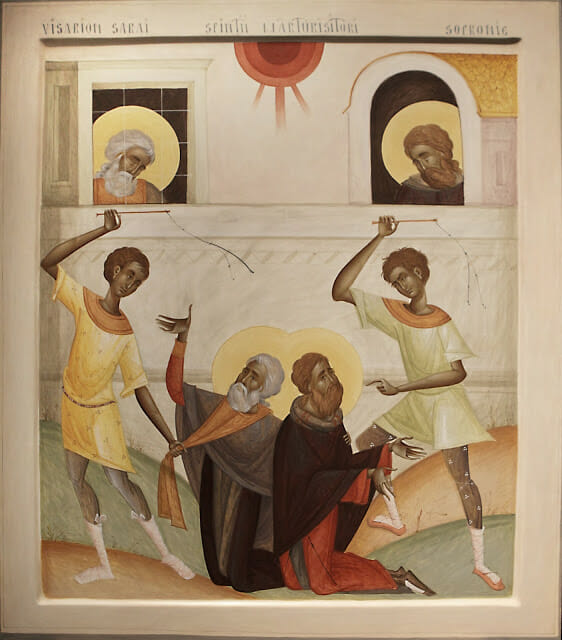 Contemporary Romanian icon by Mihai Coman, St. Vissarion (Bessarion) Sarai, and St.Sophronie of Ciorara, Egg tempera. 