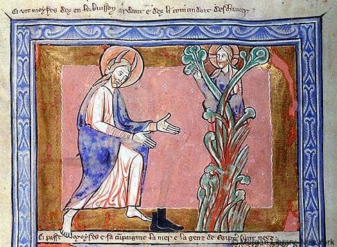 Moses at the burning bush, Huntington Psalter, England.  13th century.