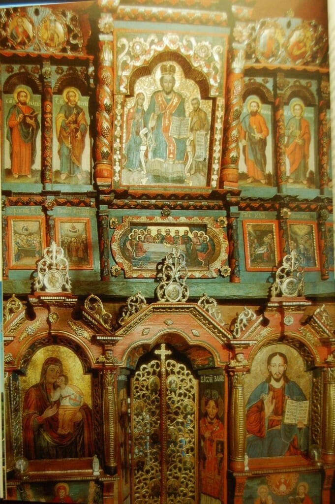 An charming painted iconostasis in a Carpatho Russyn log church, Slovakia. 